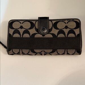 Coach Black and Khaki Signature Zip Wallet
